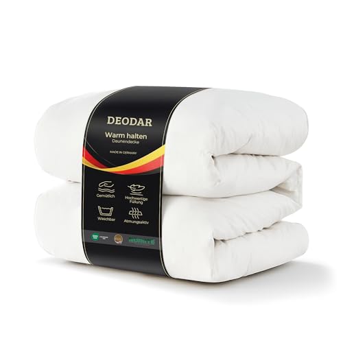 Deodar Daunendecke 135x200 cm, Ganzjahresdecke mit 1500 g Füllung aus Daunen & Federn, 100prozent Baumwolle, weich, atmungsaktiv, waschbar, Oeko-Tex und RDS Zertifiziert, Made in Germany