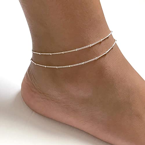 Ascomy Dainty Silver Ankle Bracelets For Women Layered Tiny Cute Beaded Chain Anklet Simple Satellite Link Chain Anklets For Teen Girls Minimalist Summer Beach Foot Chain Gold Anklet Jewelry Gifts #TOP3