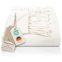 Gräfenstayn Premium Tagesdecke mit Fransen - 100% Baumwolle - 220 x 240 cm XXL - Fischgrätenmuster Sommerdecke - Baumwolldecke als Bett-Überwurf, Couch-Überwurf, Sofa-Decke (Creme)