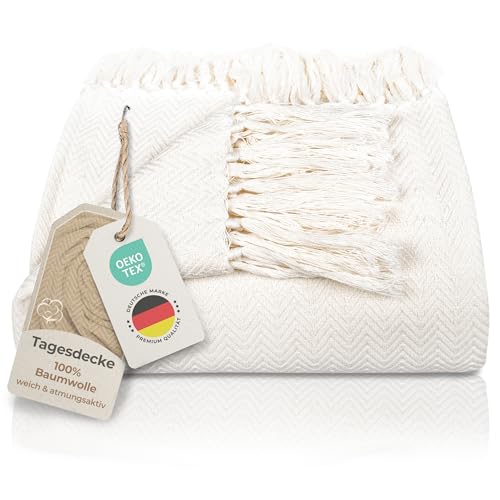 Gräfenstayn Premium Tagesdecke mit Fransen - 100% Baumwolle - 180 x 240 cm - Fischgrätenmuster Sommerdecke - Baumwolldecke als Bett-Überwurf, Couch-Überwurf, Sofa-Decke (Creme)