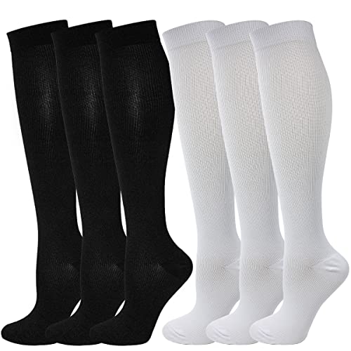 6 Paar Kompressionsstrümpfe Kniestrümpfe Stützstrümpfe Laufsocken für Damen & Herren, Sport, Laufen, Flug, Reisen, Schwangerschaft, Medizinische Kompressionssocken (M, 3x Schwarz + 3x Weiß)
