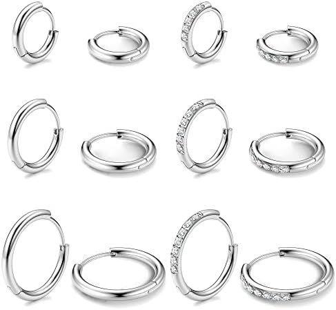 MILACOLATO 6 Pairs Small Huggie Hoop Earrings for Women Stainless Steel Tiny CZ Cartilage Hoop Hinged Earrings Silver Gold Hoop Ear Piercing Hypoallergenic Sleeper Earrings for Girls 8MM 10MM 12MM