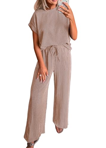 KIRUNDO 2 Piece Sets for Women Dressy Matching Lounge Set(Camel, S)