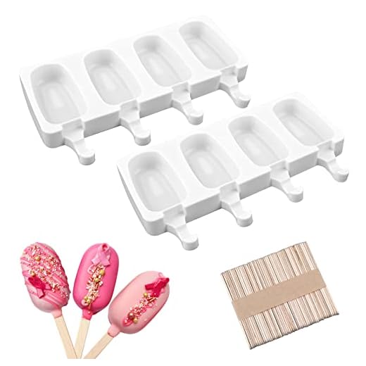 SAKOLLA Popsicle Silicone Molds (Set of 2), Ice Pop Molds Mini 4 Cavities Oval Homemade Cake Popsicle Maker with 50 Wooden Sticks