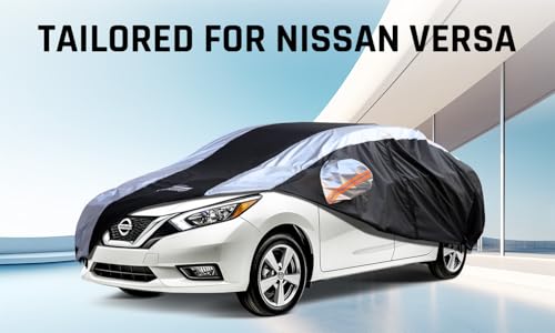 Image of Versa Car Cover Waterproof All Weather with Silver Strip Design, Custom Fit for Versa 20012-2025, Versa Accessory with Door Zipper & Windproof Straps