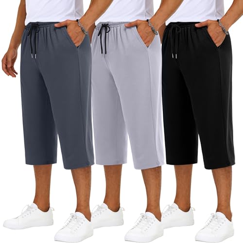 Neer 3 Pack Men's Baggy Capri Pants Plus Size Below Knee Casual 3/4 Shorts Big and Tall Summer Drawstring Pants with Pockets