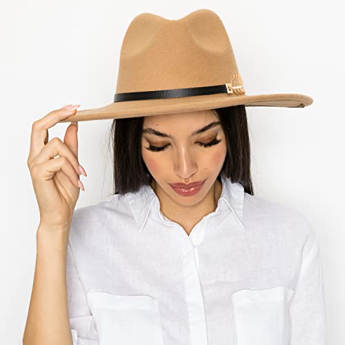Arvores Fedora Hats For Women - Classic Wide Brim Gold Metal Belt Buckle Trim Panama Fashion Beach Travel Sun Fedoras Aht90805 Camel #TOP1