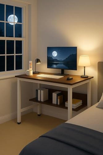 Image of Multipurpose Wood Study Table with Shelf Computer, Laptop & Office Workstation Desk for Home & Work - Easy to Assemble Gaming Concept Desk (Brown Board White Metal)(L*90,B*60,H*75)cm.