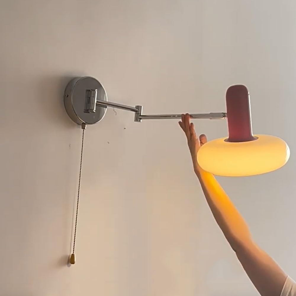 Home Decor Wall Light Mid Century Modern Long Swing Arm Wall Sconce for Bedroom Vintage Milk Glass Wall Sconce with Pull Switch E27 Reading Room Swing Arm Wall Lamp for Living Room