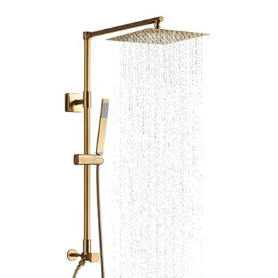 Fennocasa Polaris Lux Rain Shower System, includes 10” Square Rainfall Shower Head and Handheld Shower Combo, Height Adjustable Spray Holder, Retrofit, 60” Hose (2.5 GPM Brushed Gold)