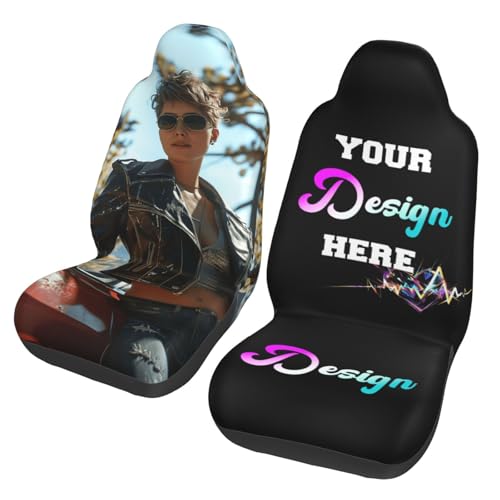 Custom Car Seat Cover for Cars Front Seats,Personalized Seat Protector Case with Image Logo Text(2pcs) Elastic Soft Auto Interior Decor Accessories Universal Fits for Truck Van Sedan SUV