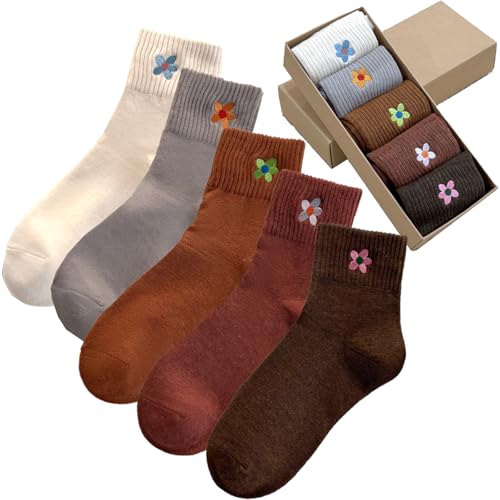 5 Pairs Crew Socks Cute Flower Embroidery Ankle Socks Gifts for Womens Teens Socks