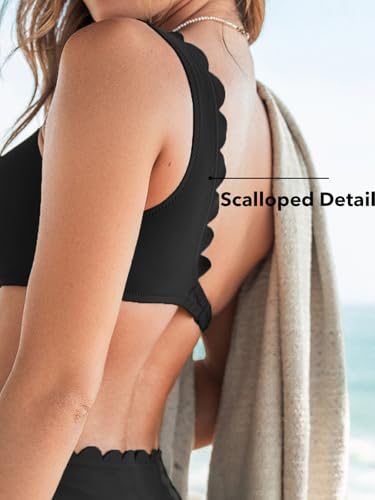 CUPSHE Women's Bikini Sets Two Piece Bathing Suit One Shoulder Mid Rise Scalloped Wide Strap Back Hook4