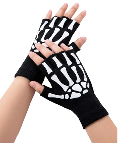 Amazleer Skeleton Fingerless Gloves, Unisex Halloween Costume Accessory, Gothic Bone