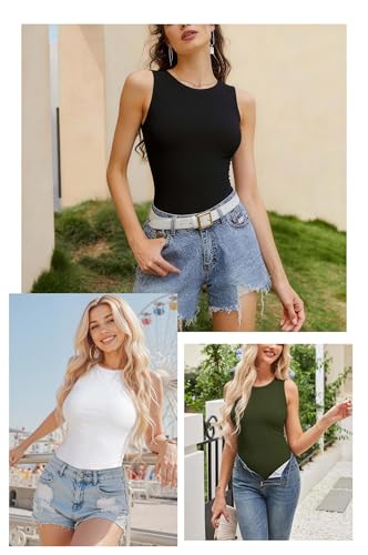 ANYOCEAN Women's 3-Pack Sleeveless Crew Neck Slim Fit Leotard-Soft Knit Basic shapewear Bodysuit Athletic & Training (26A041 3P Black White Green M)