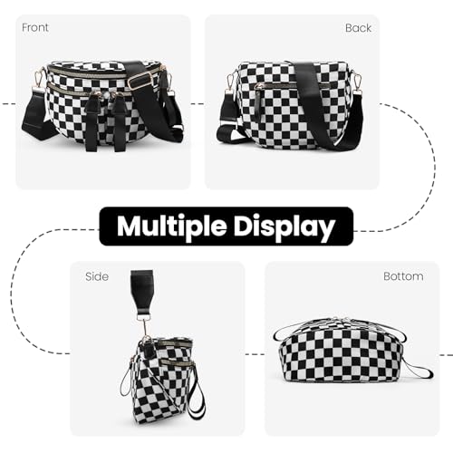 Image of hibear Checkered Crossbody Bag Spacious Bum Bags for Women Nylon Crossbody Fanny Packs Checkered Purse Belt Wallet (W-Black)