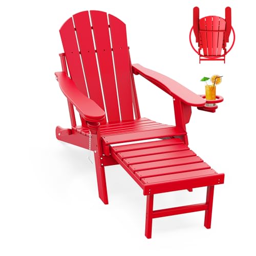 GREENVINES Adirondack-Chairs-with-Ottoman | Folding | Retractable-Footrest | HDPE Plastic | All Weather Fire Pit Chair | Cup Holders | Red | for Outdo