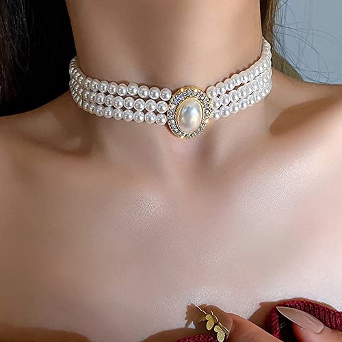 Octwine Boho 3 Tier Dainty Rhinestones Pearls Chunky Short 1920S Choker Necklace Chain Multilayer Choker Pendant Necklaces Prom Party For Women And Girls #TOP1