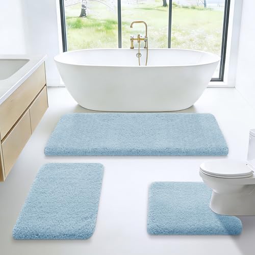 Microfiber Thick Bathroom Rugs Sets 3 Piece, Flurry Non Slip Bath Rug, Soft Plush Absorbent Bathroom Mat, Machine Washable Luxury Toilet Rug Set, Bath Mat for Tab, Shower and Bathroom, Light Blue