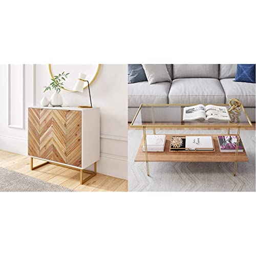 Nathan James Enloe Modern Storage, Free Standing Accent Cabinet, White/Gold & Asher Mid-Century Rectangle Coffee Table Glass Top And Wood Finish Storage Shelf With Metal Legs, Gold #TOP9