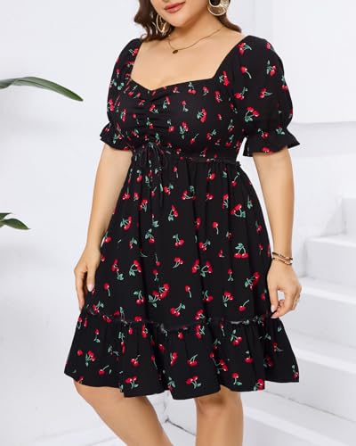Image of Pinup Fashion Plus Size Summer Dresses-2026 Casual Puff Sleeve Sweetheart Neckline Smocked Short Babydoll Dress