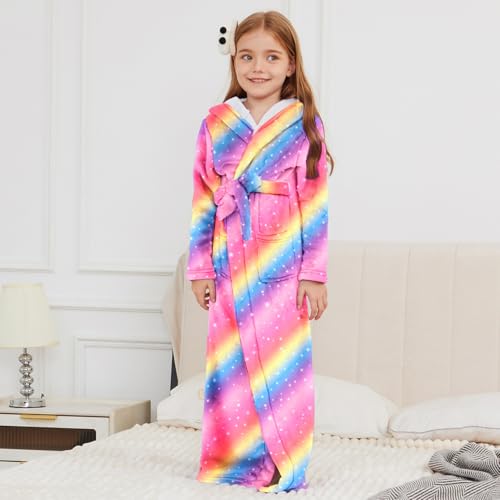 Image of Jxstar Girls Bathrobes Kids Long Hooded Robes Plush Full Length Coral Fleece Pajamas Sleepwear