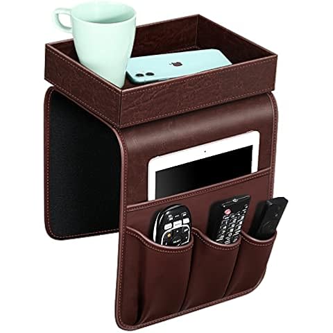 SITHON Sofa Remote Control Holder with Detachable Tray - [Non Slip] PU Leather Chair Couch Armrest Organizer Caddy with 5 Pockets for Magazines Phone iPad TV Remote Game Controller Eyeglasses (Brown) Cover