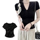 [Vmiutyer LLOP] Vネック tシャツ レディース 半袖 ショート トップス 前開き 着瘦せ 薄手 おしゃれ 通気性 優しい 無地 韓国 可愛い セクシー シンプル 春 夏