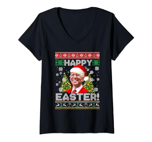 Santa Joe Biden Happy Easter Anti-Biden Ugly Xmas T-Shirt avec Col en V