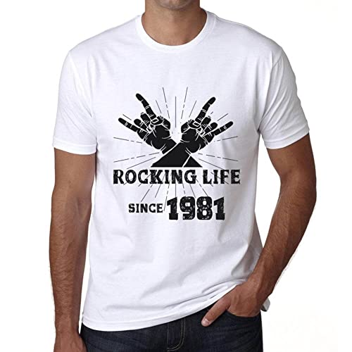 Men's Graphic T-Shirt Rocking Life Since 1981 43rd Birthday Anniversary 43 Year Old Gift 1981 Vintage Eco-Friendly Short Sleeve Novelty Tee White L