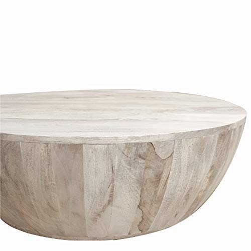 The Urban Port 12-Inch Height Round Mango Wood Coffee Table, Subtle Grains, Distressed White #TOP6