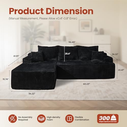 Image of ovios 96 inch Cloud Sectional Couch with L-Shape Chaise,Modern Modular Sofa with Deep Seat, Upholstered Couches for Living Room Bedroom,No Assembly Required, Black (Plush Corduroy Fabric)