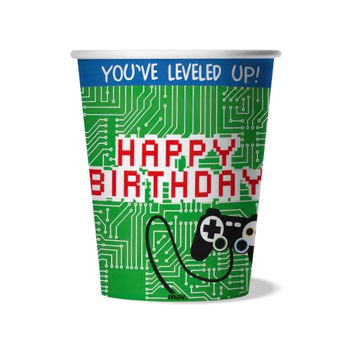 Maverick verres de fête avec manette de jeu, dessin carte mère et message. verres pour fête et anniversaire des enfants joystick et écrit. 8 pièces. made in europe