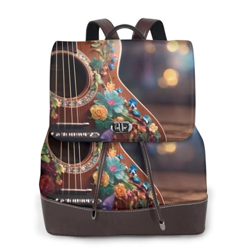Sac à dos imprimé guitare et fleurs en cuir noir avec bretelles confortables pour voyage