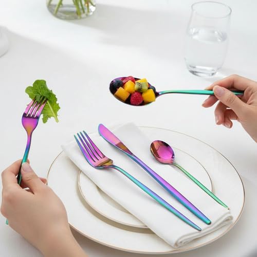 Image of 25 Pcs Rainbow Cutlery Set for Dining Table the Perfect Lightweight Silim Handle Tableware Including Dinner Spoon, Dinner Fork, Dinner Knife, Dessert Spoon & Dessert Fork