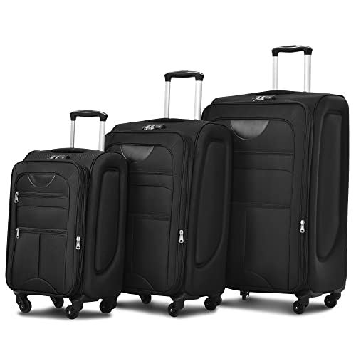 Merax Softside Luggage Set Softshell Lightweight 3 Piece Spinner Suitcase 22" 26" 30" Black