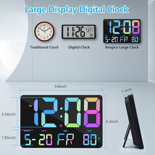 Amgico Digital Alarm Clock with Snooze, Temperature, Auto Dimming, 11.5" Large Display Calendar, Desk/Wall Clock for Bedroom, Living Room, Office, Home, Classroom,Elderly - Rainbow by Amgico - Used condition - Image 4