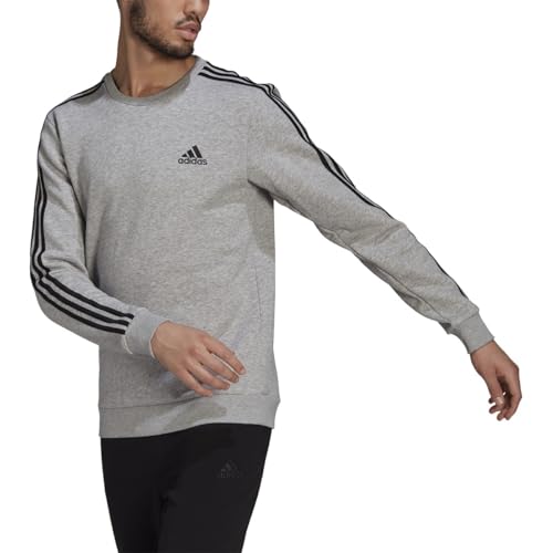 adidas Men's Essentials Fleece 3-Stripes Sweatshirt, Medium Grey Heather/Black, Large