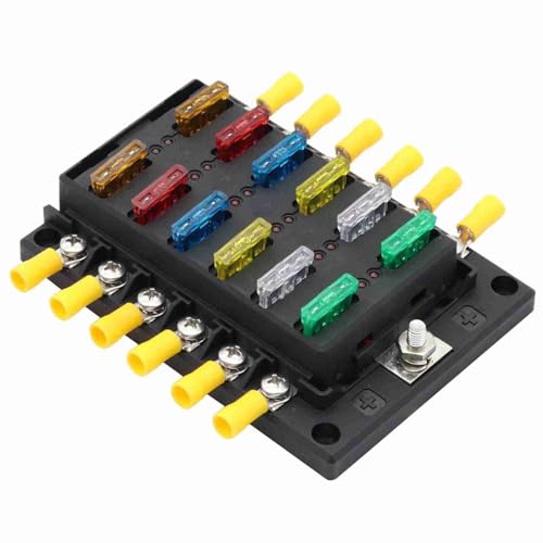 12 - Way Blade Fuse Box Block with LED Indicator Light, 32V M5 Stud Terminal, Transparent Cover and Label Kit for Car Marine Electrical Systems