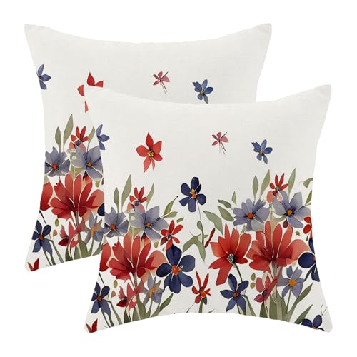 CXMEIFLY 4th of July Pillow Covers 18x18 Inch Set of 2 Red Blue Floral Flower Independence Day Decor Throw Pillows Memorial Day Patriotic Outdoor Decorative Cushion Cases for Couch Bed Decorations