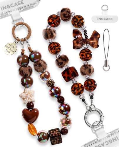 Ingcase 2Pcs Phone Charm Wrist Strap with Crystal Beaded, Leopard Fluffball