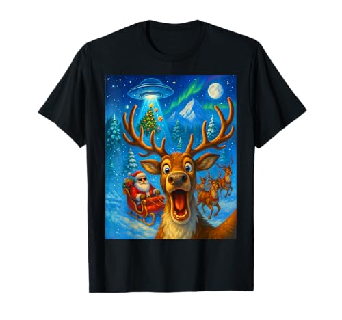 Funny Reindeer Taking a Selfie with Santa UFO Christmas Boys T-Shirt