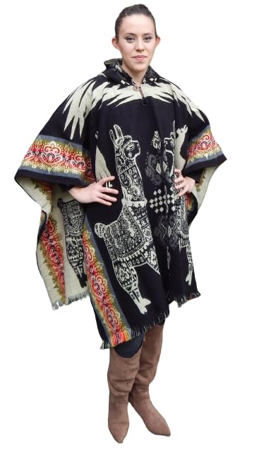 Blue Butterfly - Alpaca Comfort Charcoal Hooded Poncho (One Size) - Women's & Unisex-Adult - Alpaca Wool - Geometric Design - Handmade in Ecuador