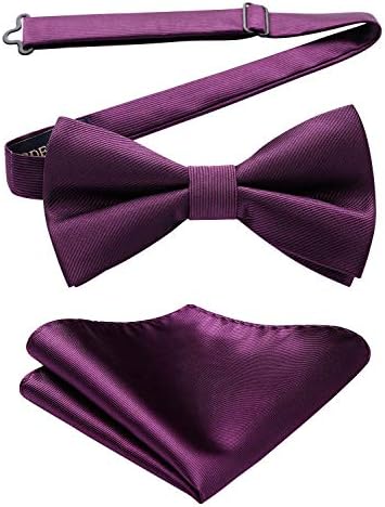 HISDERN Bow Tie for Men Solid Color Pre-tied Bow Tie Adjustable Tuxedo Two Layer Bow Tie and Pocket Square Set with Gift Box