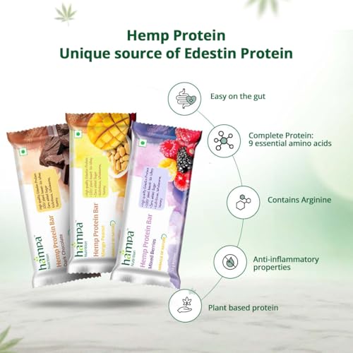 Image of Hampa Hemp protein Bar 50g | 3 Different Flavour | 10g Plant Protein | No Whey, Vegan Friendly | No Added Sugar, Sweetened with Dates | Anytime Snack with Edestine Protein | Pack of 12