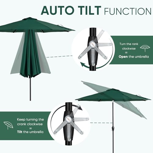 Tempera 10ft Patio Market Outdoor Table Umbrella with Auto Tilt and Crank, Large Sun Umbrella with Sturdy Pole & Fade Resistant Canopy, Easy to Set, Forest Green by Tempera - Used condition - Image 2