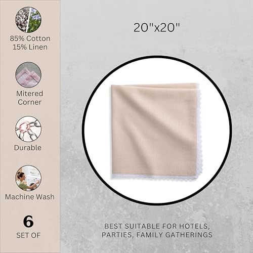 Image of FINGERCRAFT Lace Trim Cloth Napkins Set of 6, 20x20 Inch Cotton Linen Blend Dinner Napkins, Reusable Washable Table Napkins for Wedding, Farmhouse Dining, Parties & Home Decor (Peach)