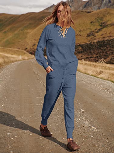 Anrabess Women's Casual Long Sleeve Solid Color Knit Pullover Sweatsuit 2 Piece Short Sweater Outfits Sets B4Ci02-Qianhuilan-L #TOP6