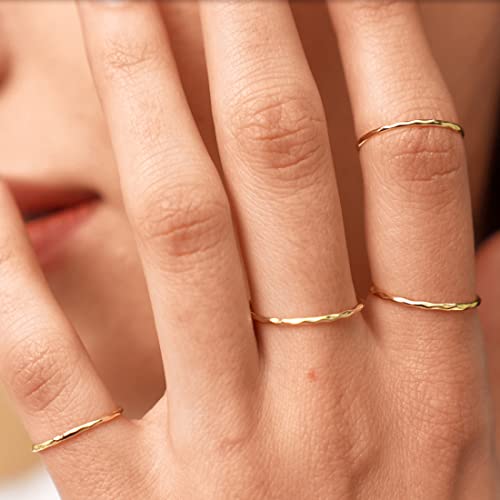 Me&Hz 14K Gold Plated Stacking Rings For Women Girls 1Mm Ultra Thin Hammered Band Gold Stack Ring Dainty Minimalist Midi Knuckle Stackable Rings Size 8 #TOP1