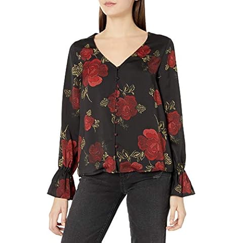 cupcakes and cashmere Women's Isadore Printed Top with Bell Sleeves Shirt, Black, Medium Cover